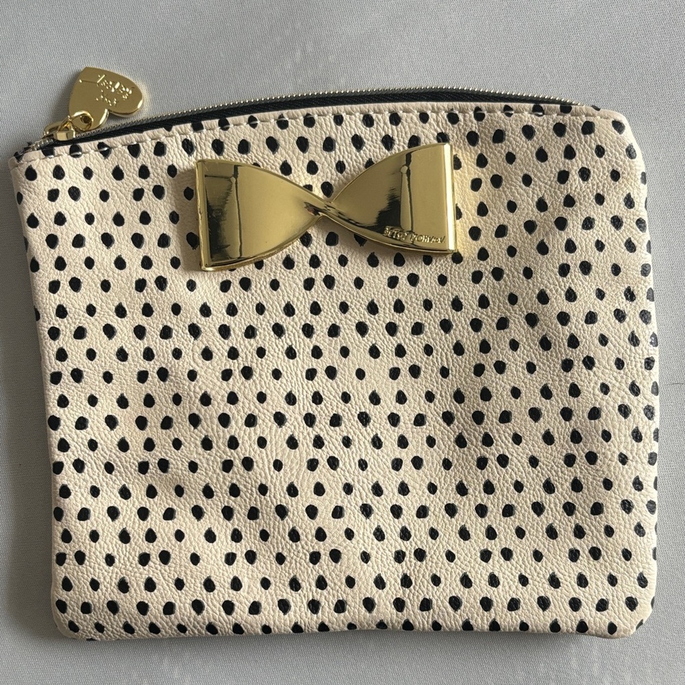 Betsey Johnson Cream and Black Polka Dot Clutch with Gold Bow